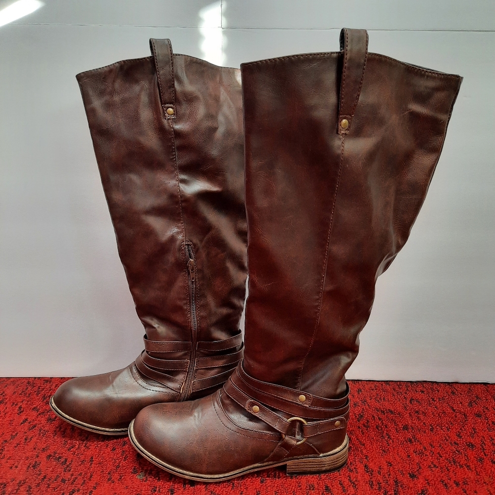 Journee Collection Women's Brown Studded Ankle Strap Tall Riding Boots Size 9